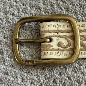 Ralph Lauren Cream Leather Belt with Tan Stitching & Brass Buckle